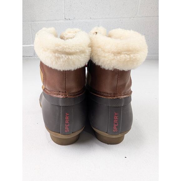 Sperry Kids Size 2 Saltwater Alpine Cozy Duck Boots Brown Cream Red Laces - Picture 5 of 6